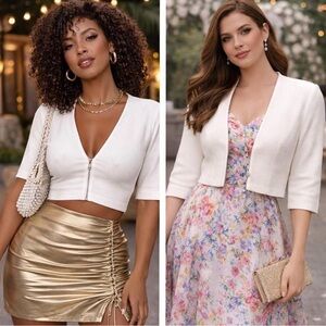 Perceptions New York White Textured Cropped Bolero Jacket Womens Sz L Zip Formal